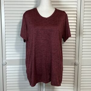 Real Essentials Burgundy V-neck Short Sleeve Women Athletic T-shirt 2XL